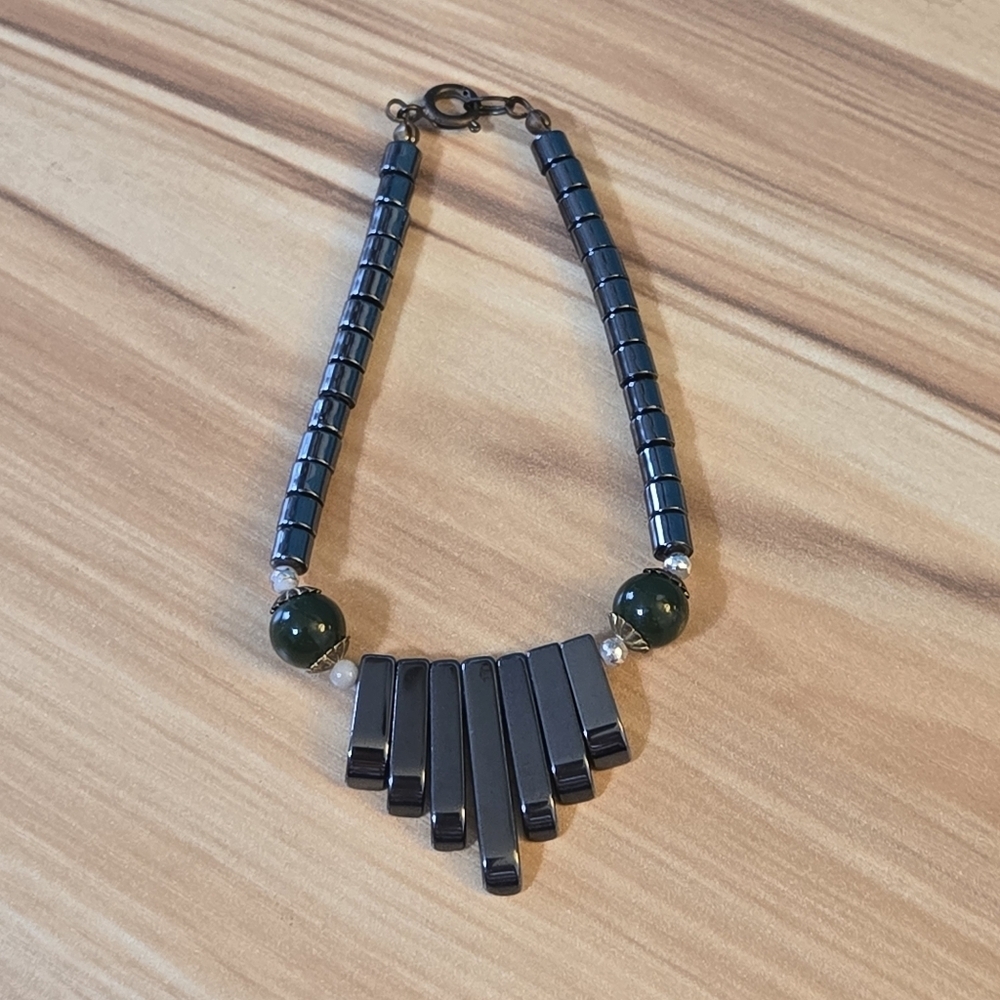 Vintage Hematite and Green Jade Bracelet Size 7" Not Magnetic Bib Style Dangles